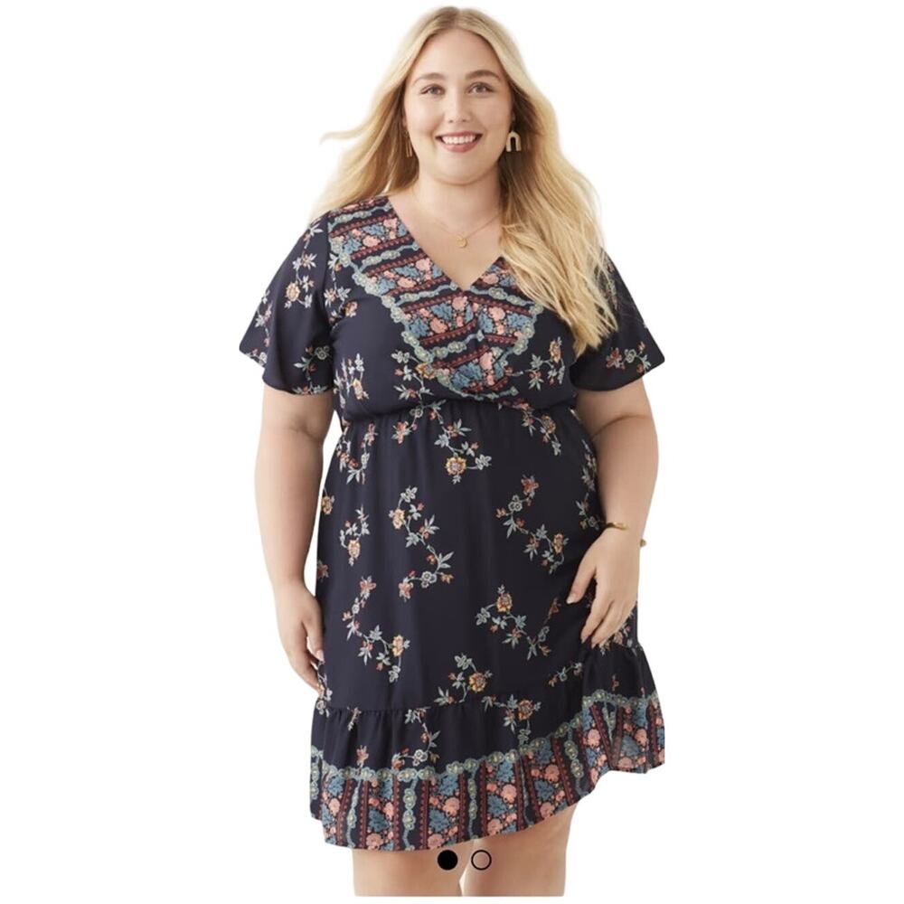 Dia & Co. West K.E.I. Nyla Wrap Front Mini Dress, Navy Floral Plus Size 1X, NWT